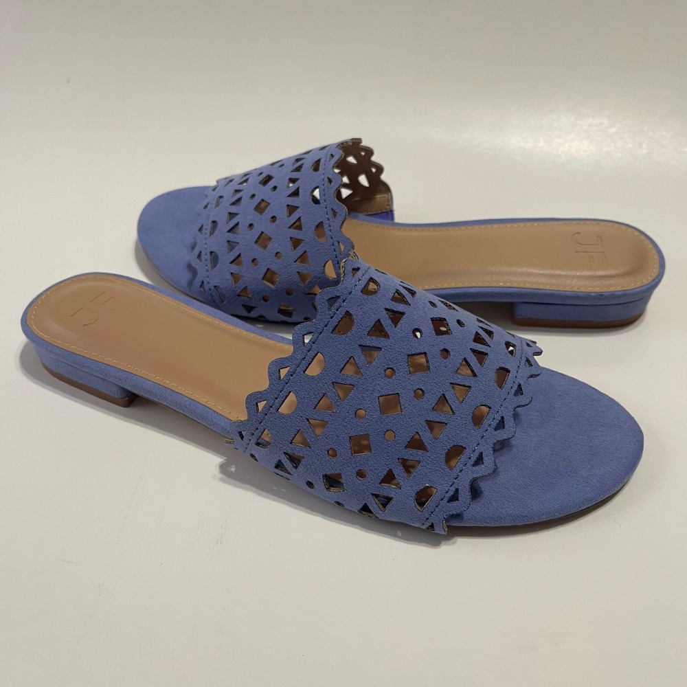 JF Simone Slide Sandals Women 8.5 Blue Laser‎ Cut Scalloped Flat Summer Chic